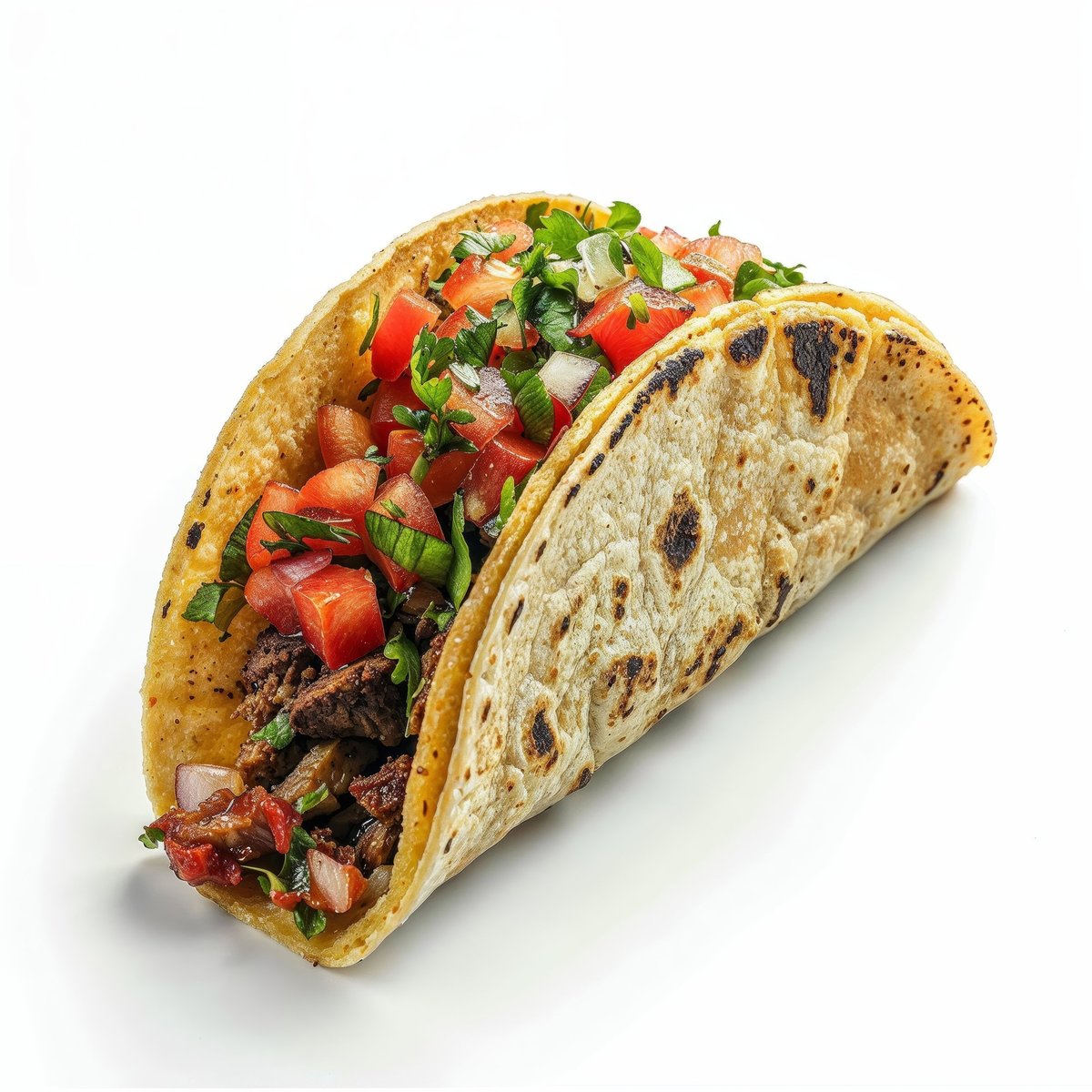 This tantalizing image captures the essence of street food charm with a close-up view of a savory grilled taco